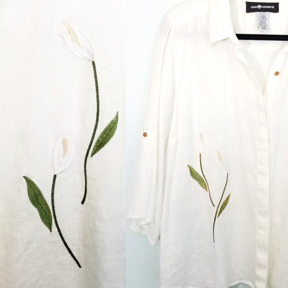 VNTG》Linen Floral Lilly Embroidered Aesthetic Top